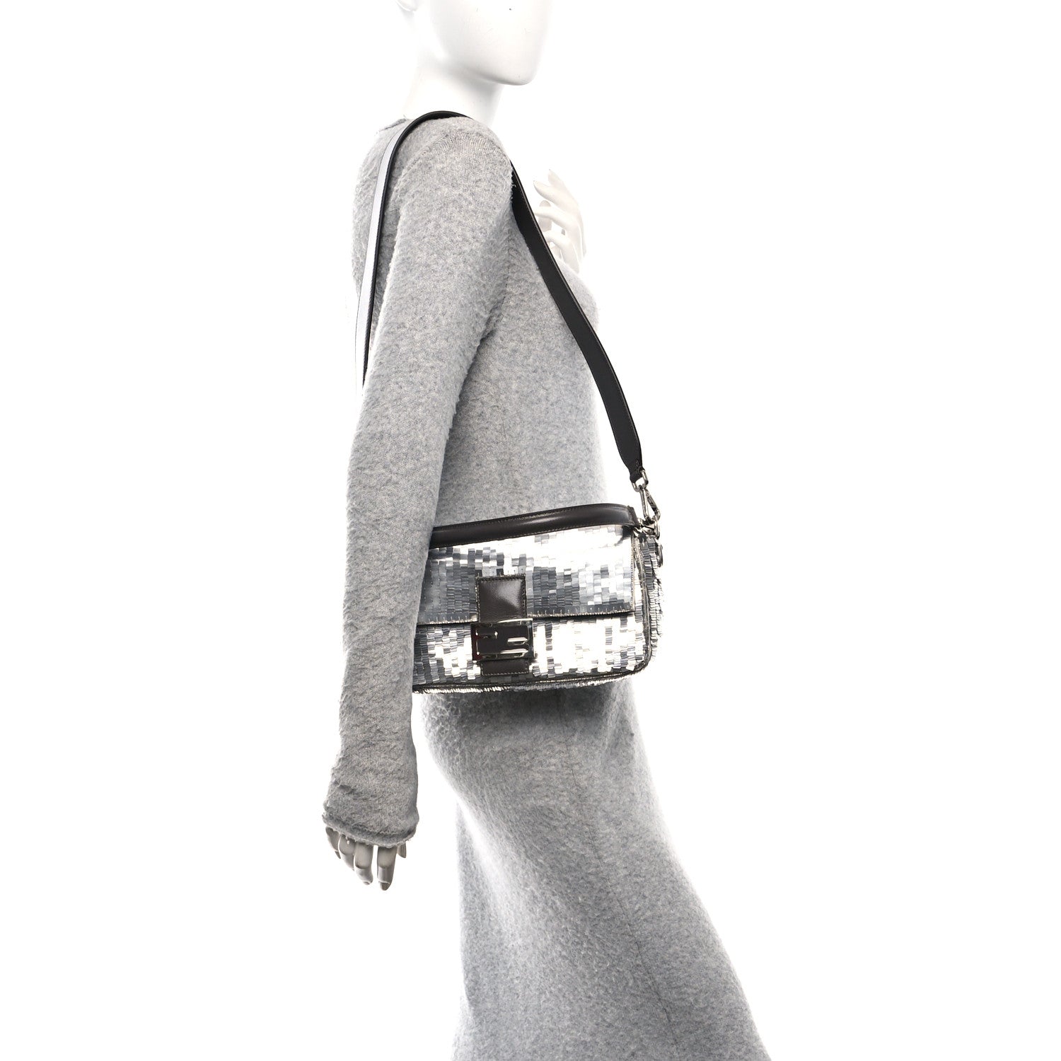 Fendi Sequin Paillettes Capretto Lucido Baguette Argento Moro 2 of 10