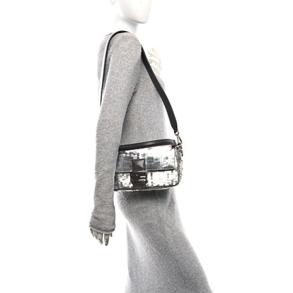 Fendi Sequin Paillettes Capretto Lucido Baguette Argento Moro 2 of 10