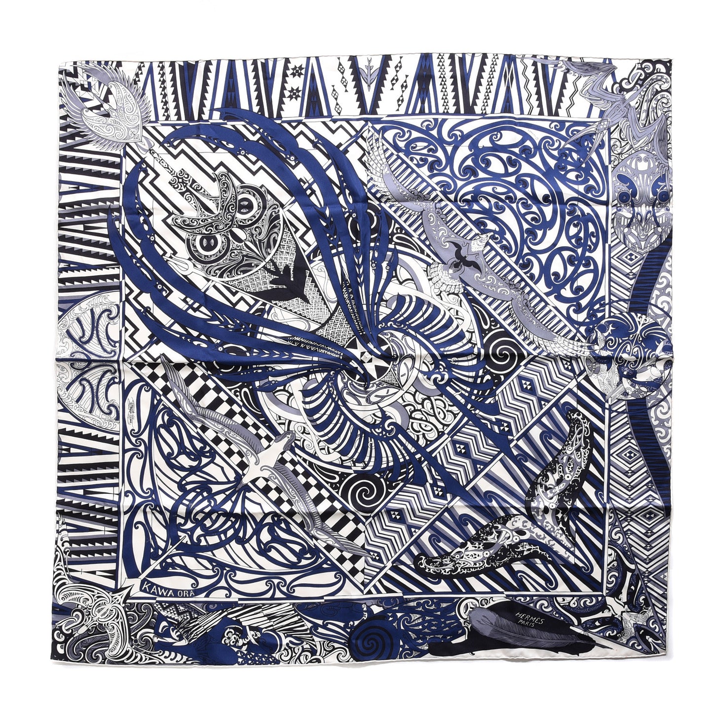 Silk Kawa Ora Scarf 90 Ivory Marine Black