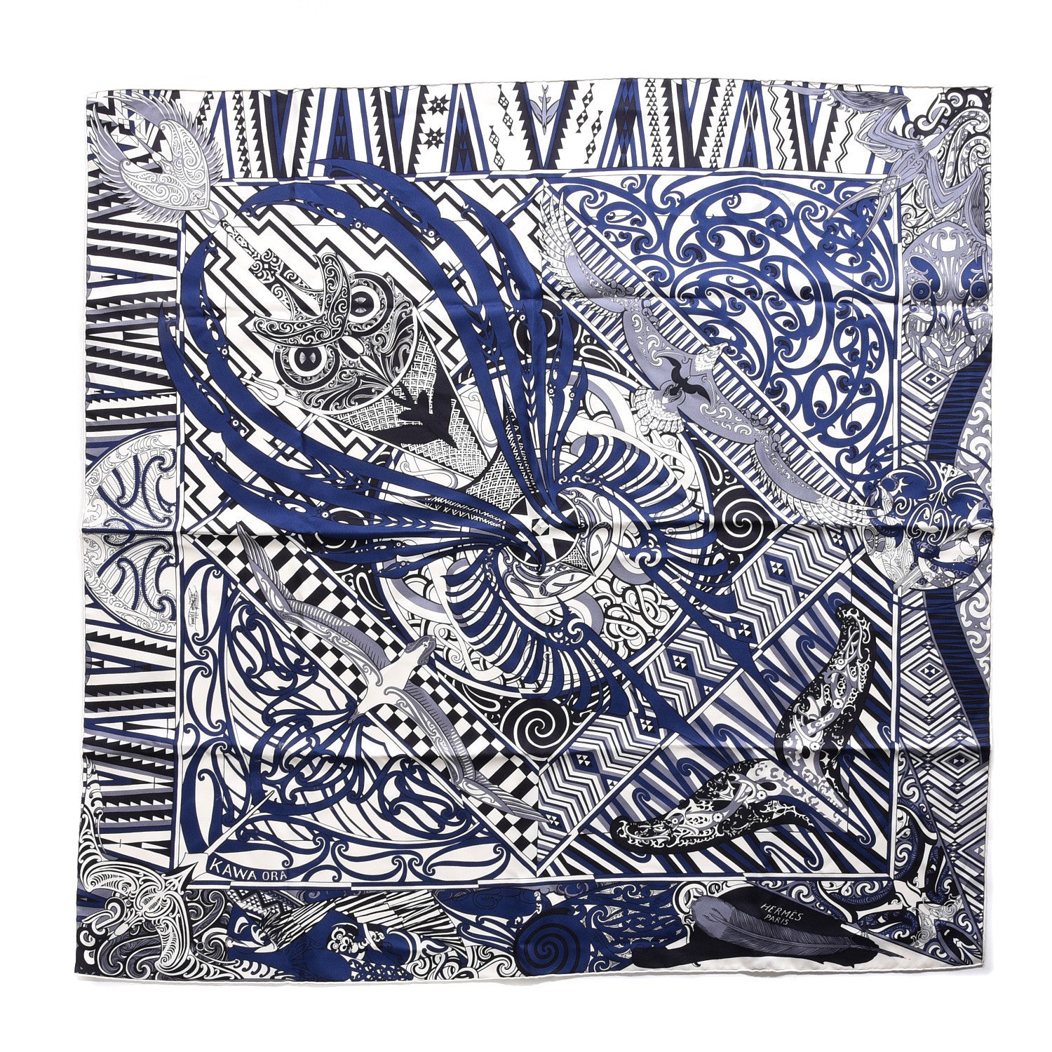 Hermes Silk Kawa Ora Scarf 90 Ivory Marine Black 1 of 6