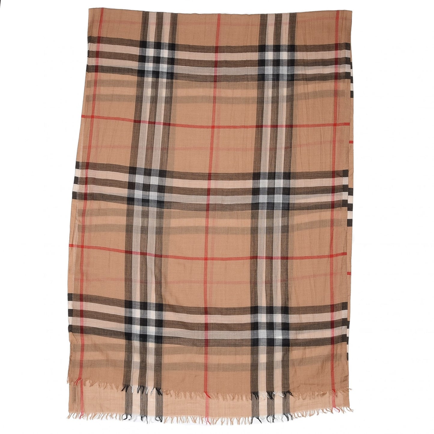 Wool Silk Gauze Giant Check Scarf Camel