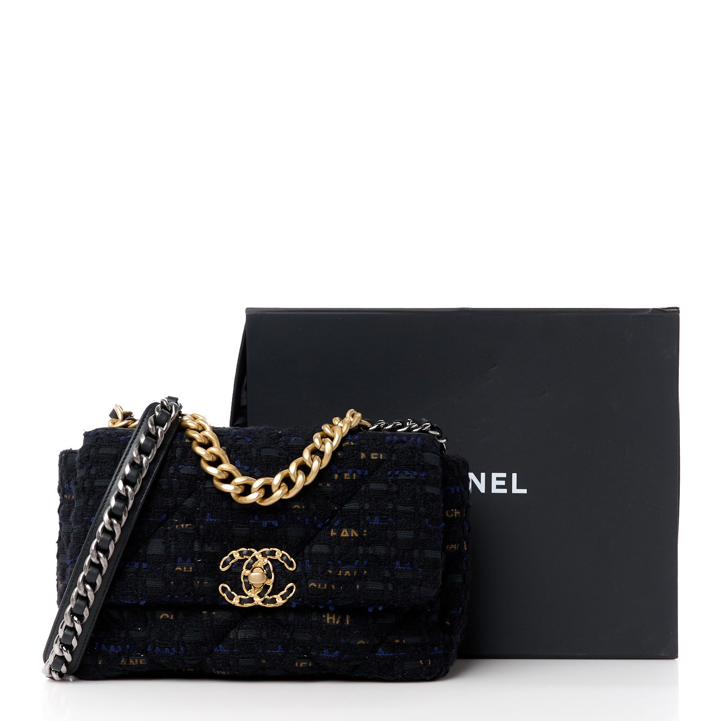 Tweed Quilted Medium Chanel 19 Flap Black Navy Gold