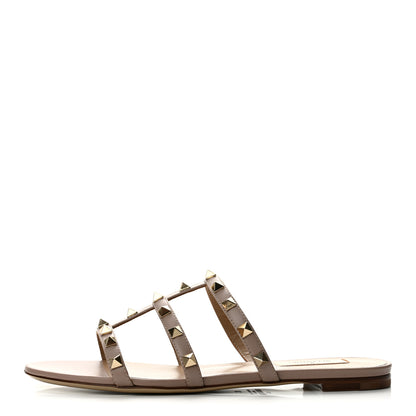 Valentino Garavani Calfskin Rockstud Caged Flat Slide Sandals 37 Poudre 1 of 10