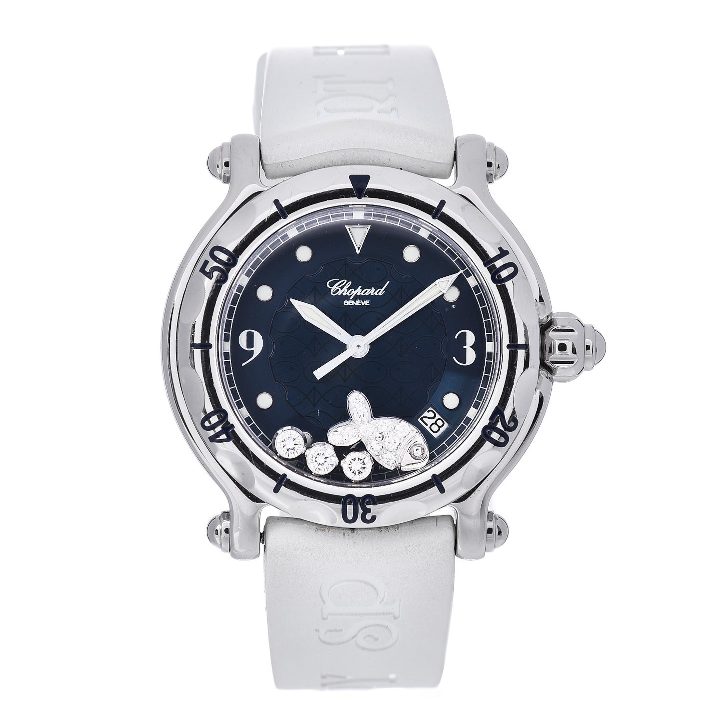 Stainless Steel Rubber Diamond 38mm Happy Sport Fish Quartz Watch White