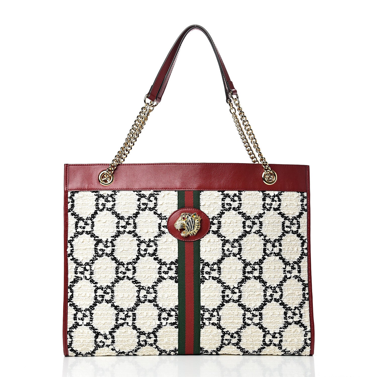 Gucci Tweed GG Monogram Large Rajah Chain Tote White Black Romantic Cherry 2 of 10