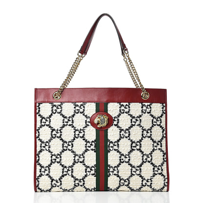 Gucci Tweed GG Monogram Large Rajah Chain Tote White Black Romantic Cherry 2 of 10