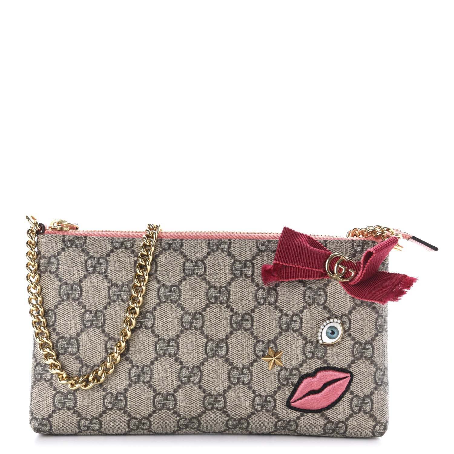 Gucci GG Supreme Monogram Face Embroidered Wrist Wallet Pink 1 of 11