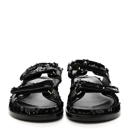 Chanel Sequin Knit Velcro Dad Sandals 37.5 Black 3 of 13