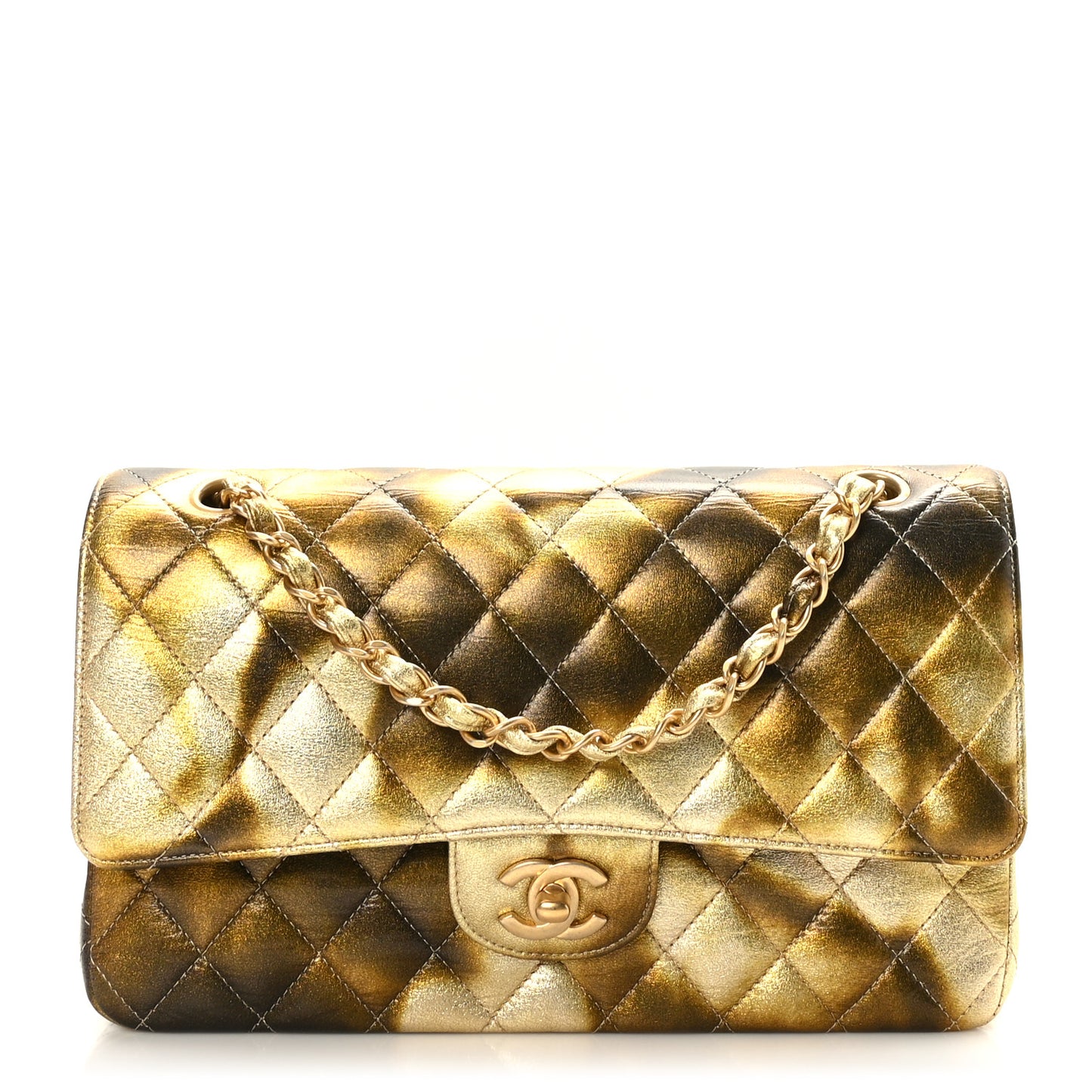 Metallic Goatskin Quilted Medium Double Flap Gold Black