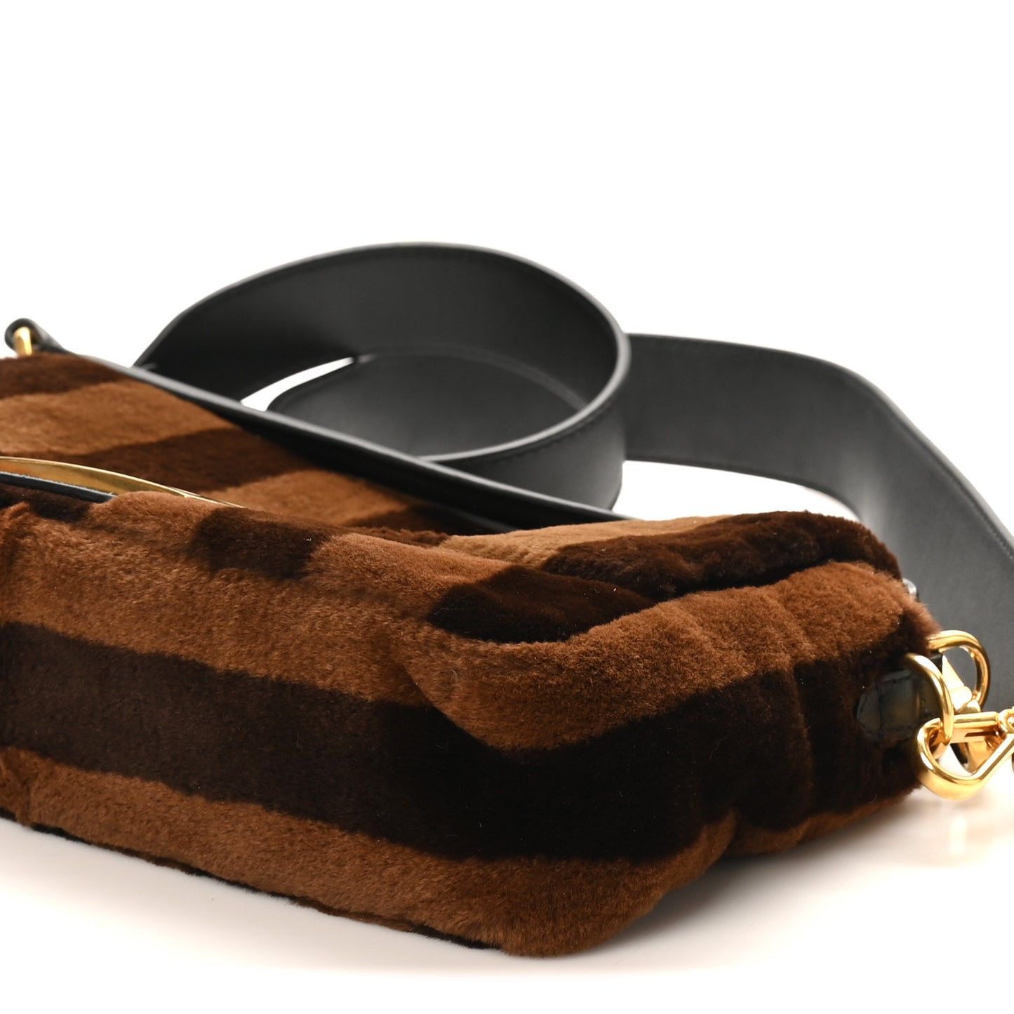Shearling Vitello Vernice Mou Pequin Striped Baguette Tobacco Black