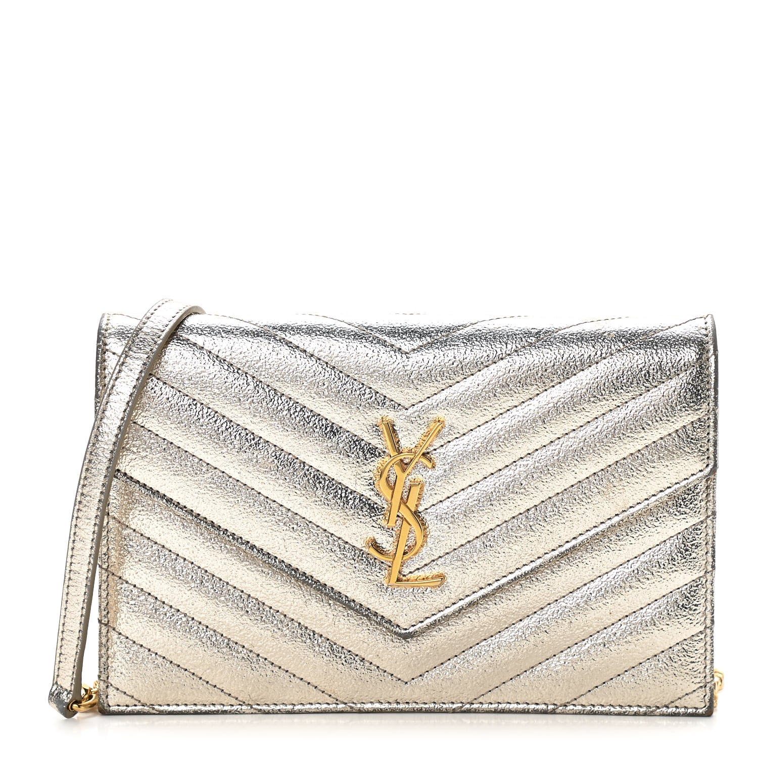 Saint Laurent Grain De Poudre Matelasse Chevron Monogram Envelope Chain Wallet Gold 1 of 11