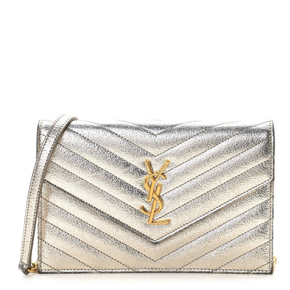 Saint Laurent Grain De Poudre Matelasse Chevron Monogram Envelope Chain Wallet Gold 1 of 11