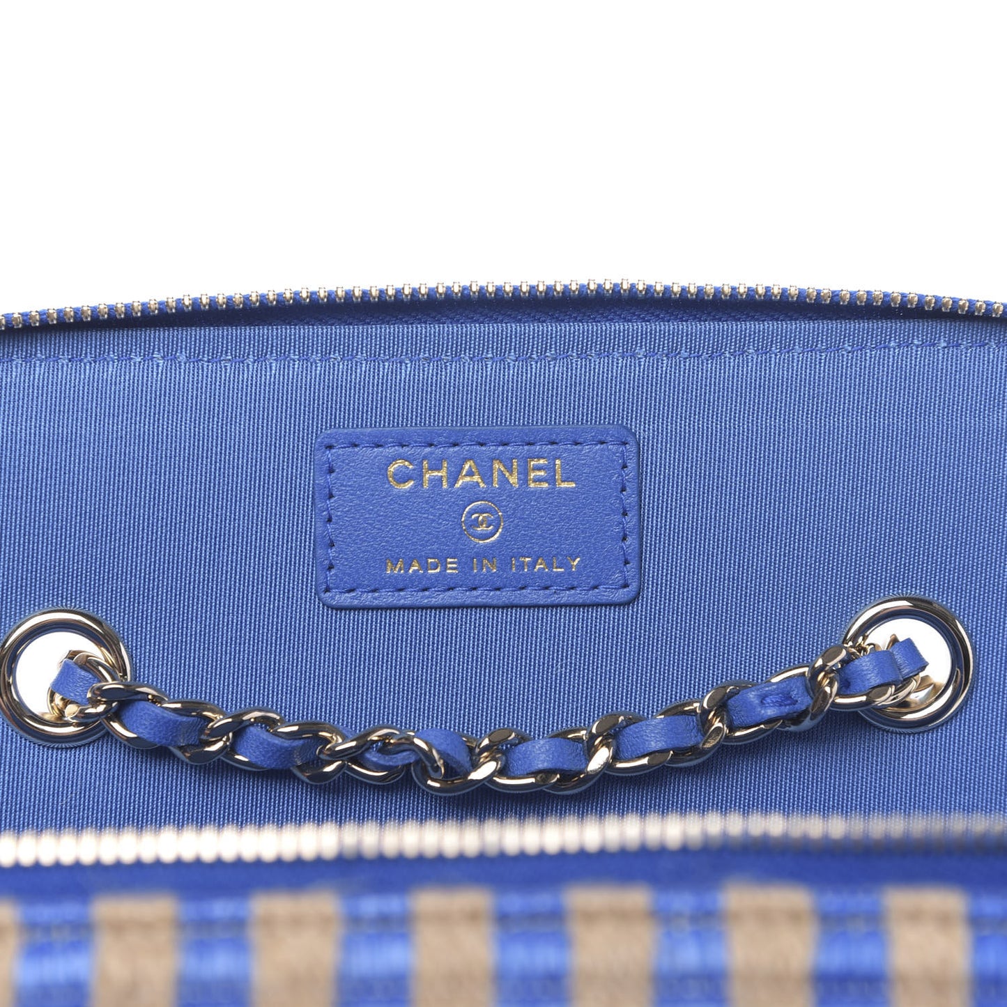 Raffia Jute Striped Small Vanity Case With Chain Blue Beige