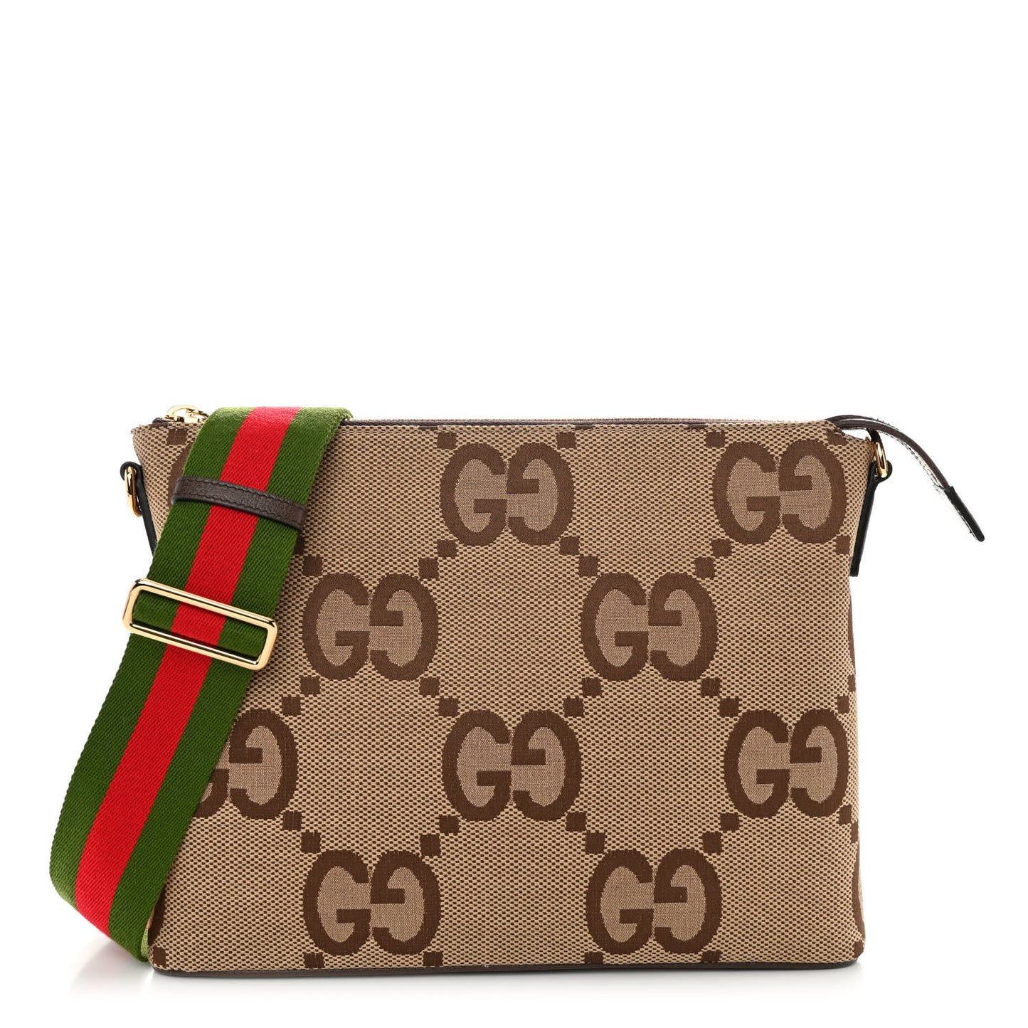 Monogram Jumbo GG Textured Dollar Calfskin Web Wristlet Messenger Bag Camel Ebony New Acero