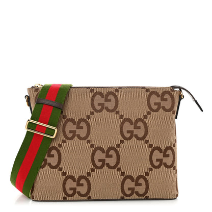 Gucci Monogram Jumbo GG Textured Dollar Calfskin Web Wristlet Messenger Bag Camel Ebony New Acero 1 of 9