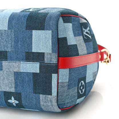 Louis Vuitton Denim Damier Monogram Patchwork Speedy Bandouliere 30 Blue Rouge 8 of 8