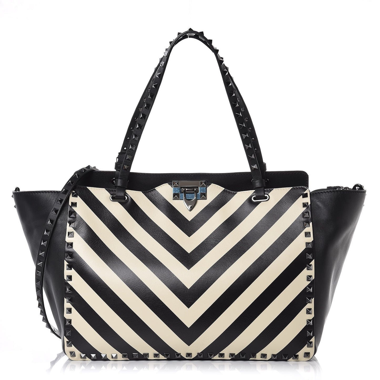 Calfskin Chevron Medium Rockstud Tote Light Ivory Black