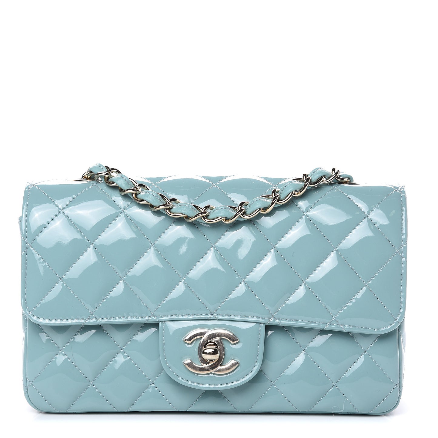 Patent Calfskin Quilted Mini Rectangular Flap Light Blue