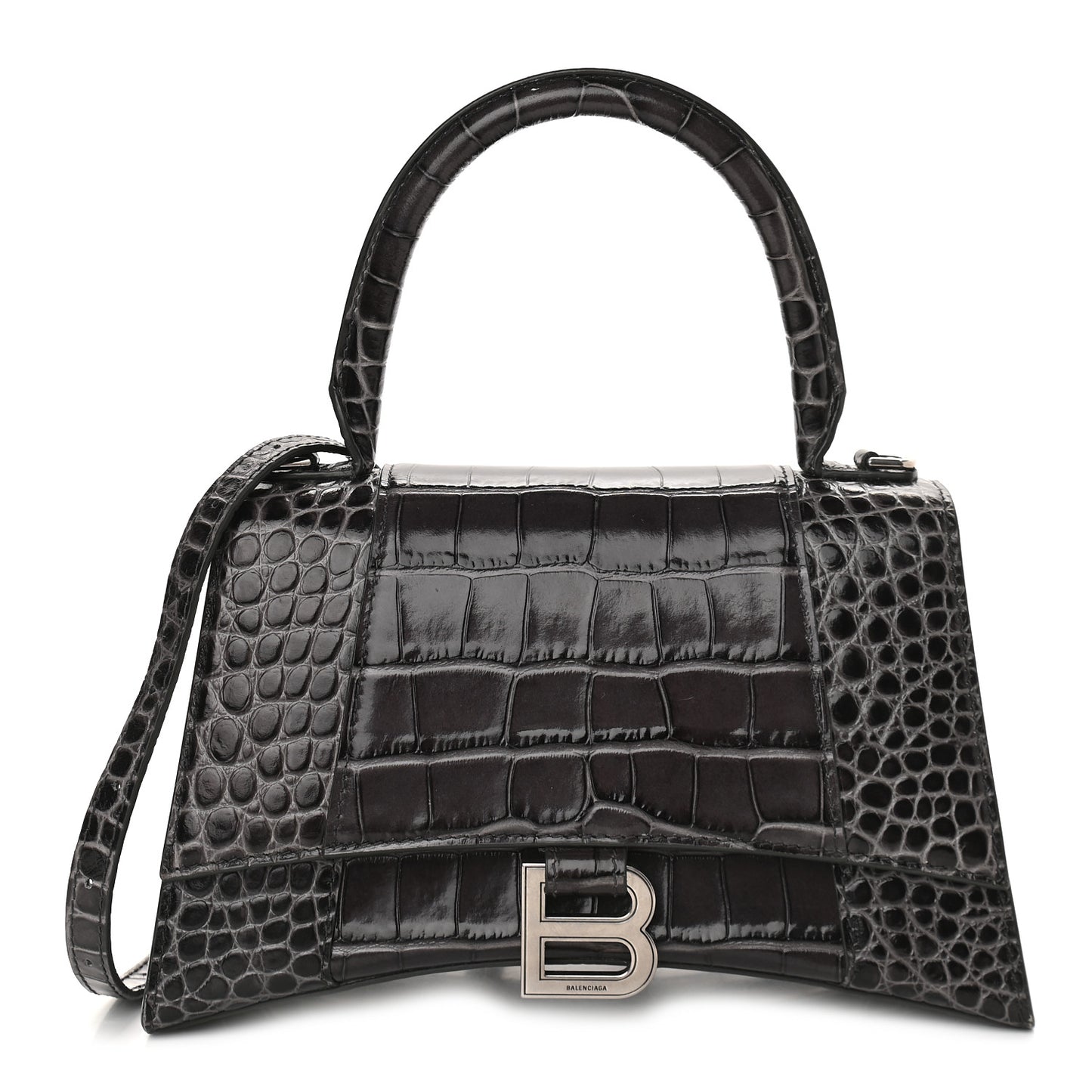 Shiny Calfskin Crocodile Embossed Small Hourglass Top Handle Bag Dark Grey