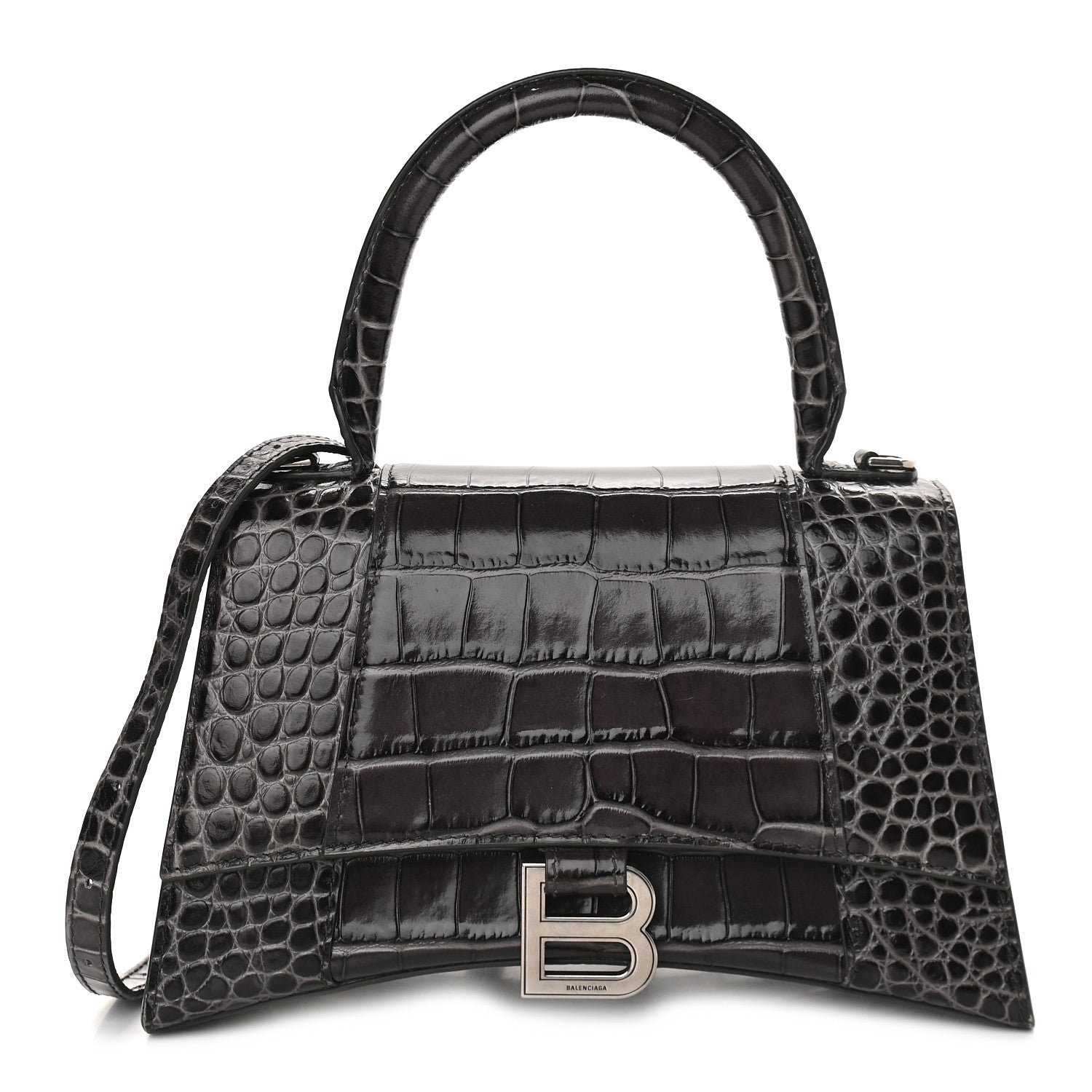 Balenciaga Shiny Calfskin Crocodile Embossed Small Hourglass Top Handle Bag Dark Grey 1 of 8