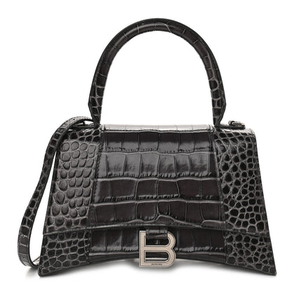 Balenciaga Shiny Calfskin Crocodile Embossed Small Hourglass Top Handle Bag Dark Grey 1 of 8