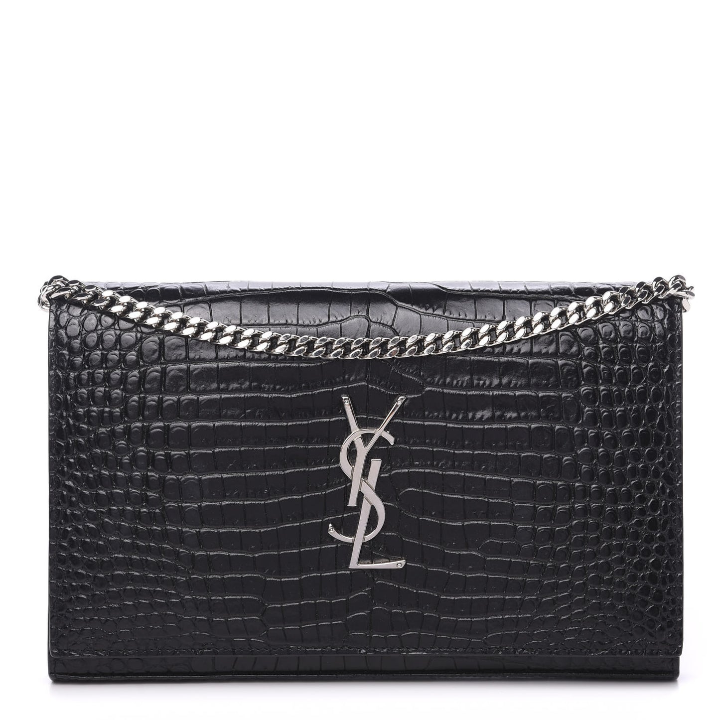 Crocodile Embossed Calfskin Monogram Chain Wallet Black