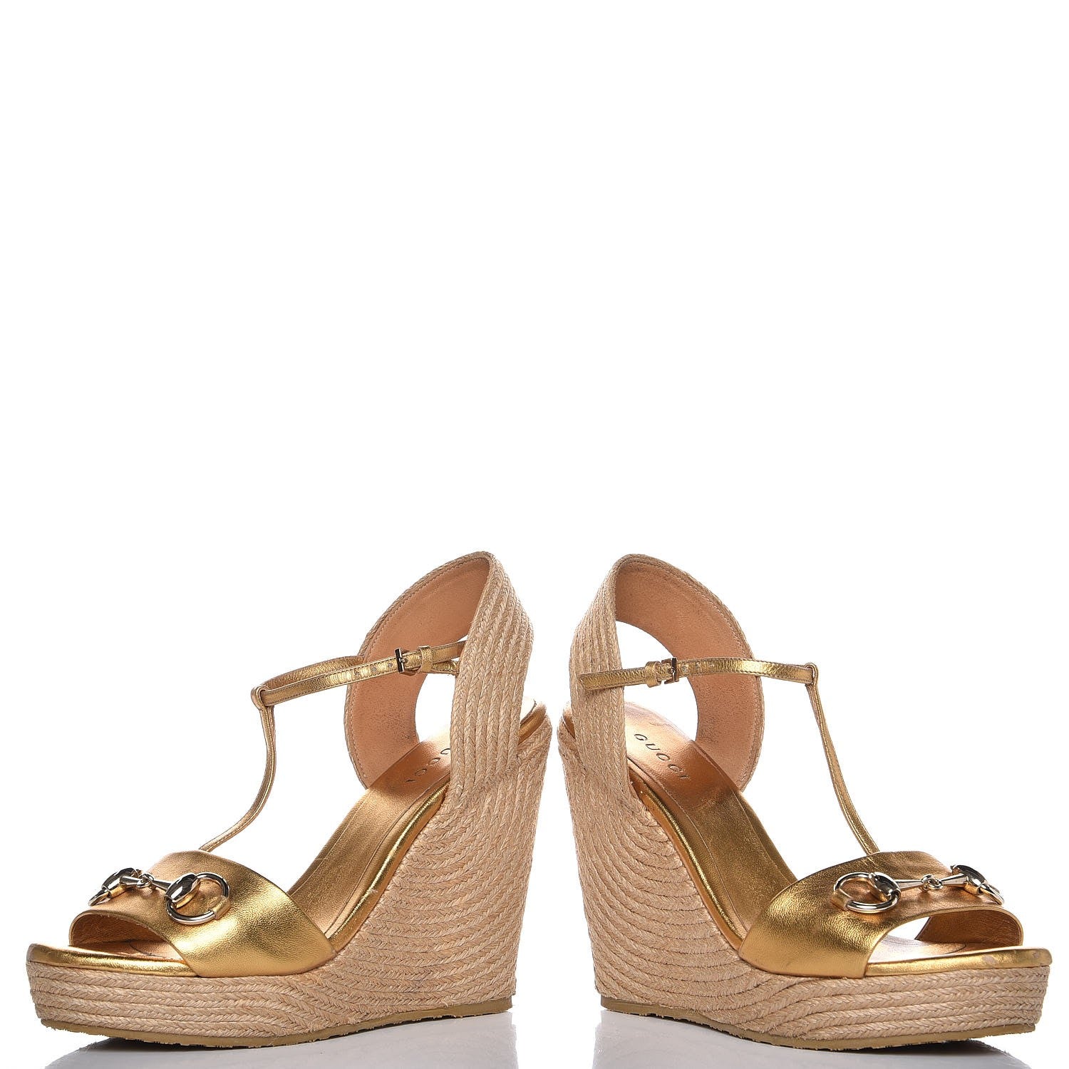 Gucci Nappa Silk Horsebit Espadrille Wedge Sandals 36 New Oro Rutenio 6 of 15