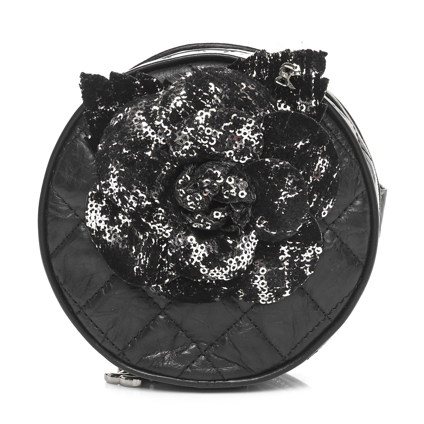 Aged Calfskin Sequin Quilted Camelia Clutch Black