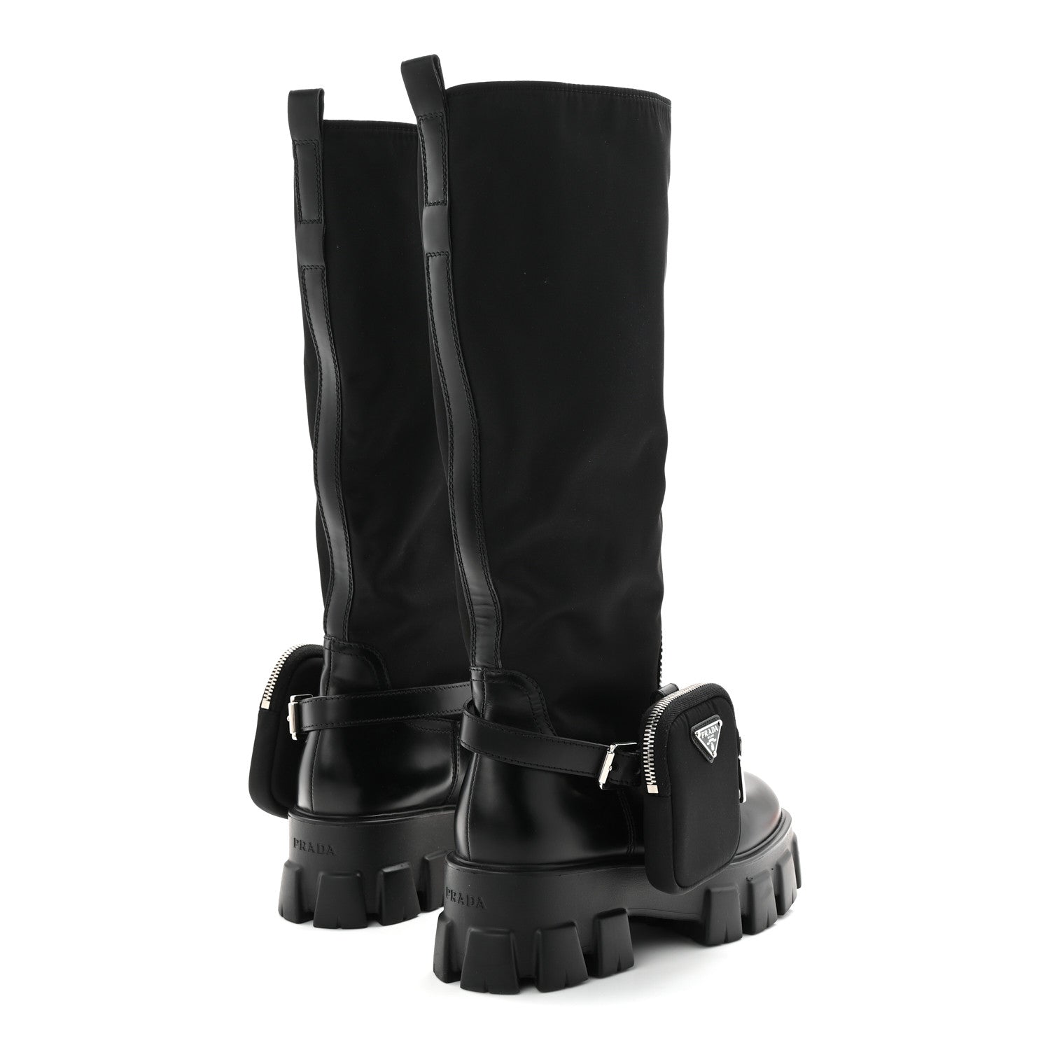 Prada Spazzolato Rois Re-Nylon Metal Triangle Logo Monolith Pouch Pocket 55mm Tall Boots 39 Black 4 of 8