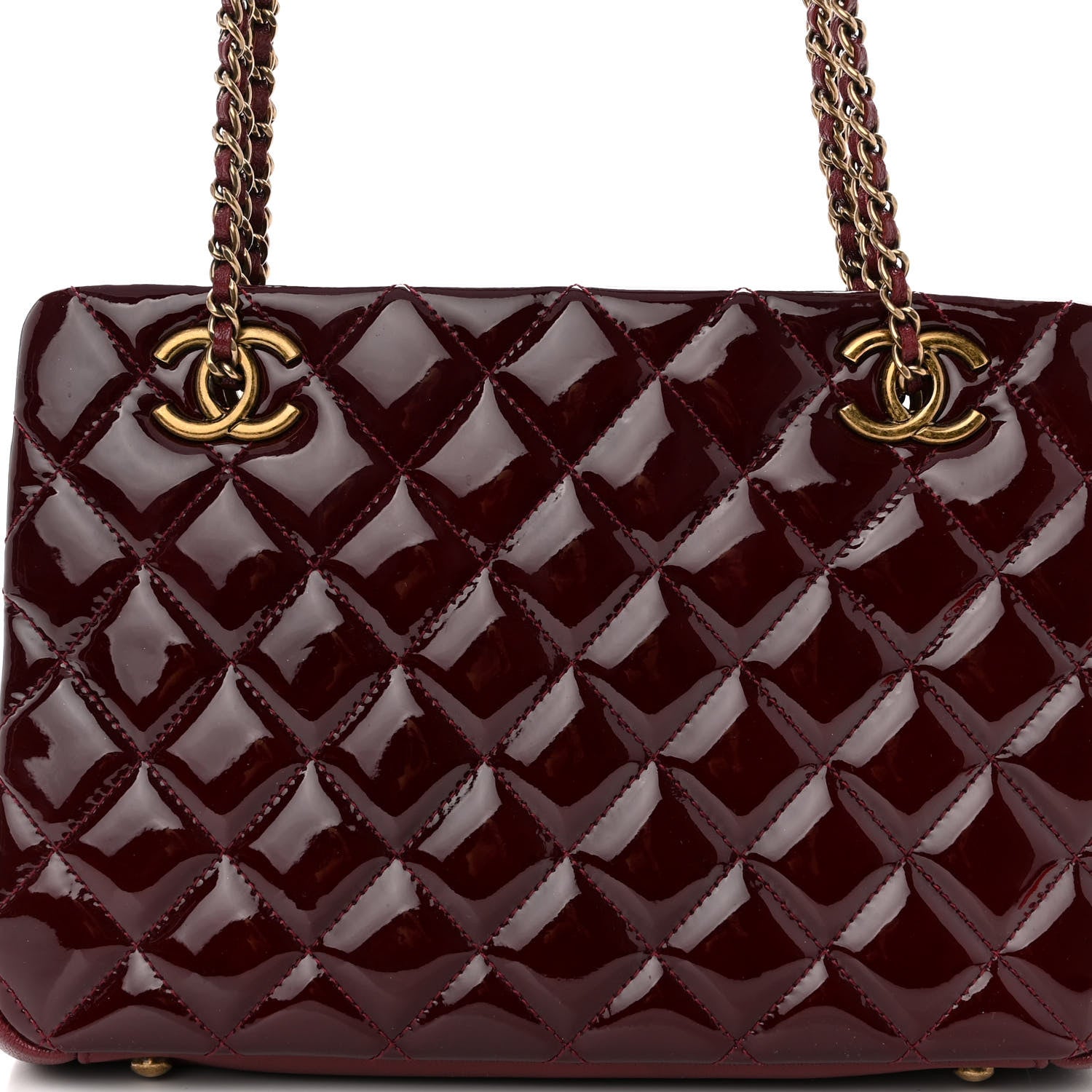 Chanel Patent Goatskin Quilted Small CC Eyelet Tote Burgundy 10 of 12