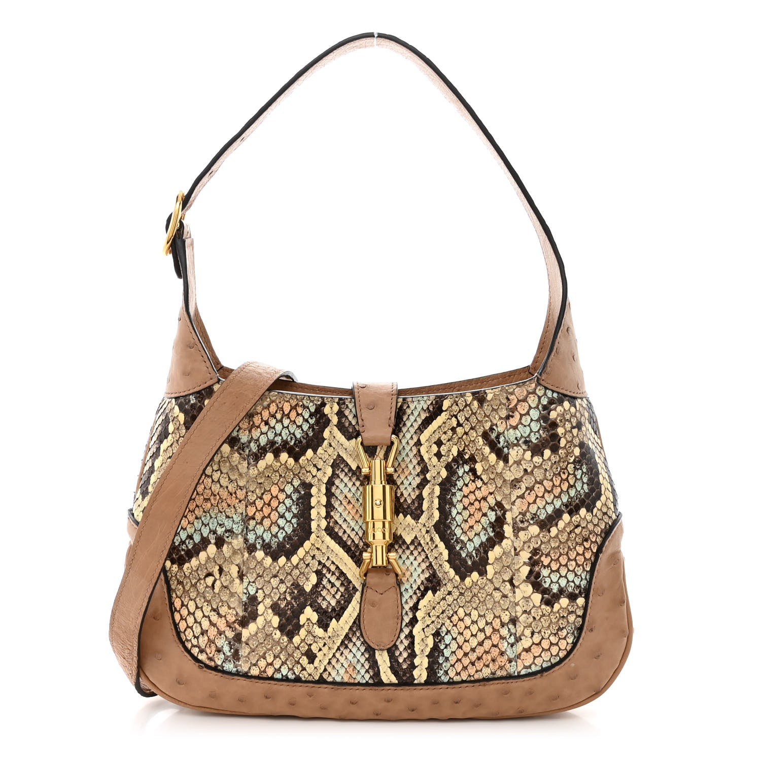 Gucci Snakeskin Ostrich Calfskin Small Jackie 1961 Hobo Beige Blue 1 of 15