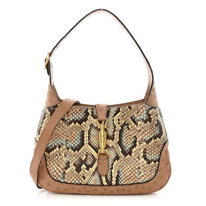 Gucci Snakeskin Ostrich Calfskin Small Jackie 1961 Hobo Beige Blue 1 of 15
