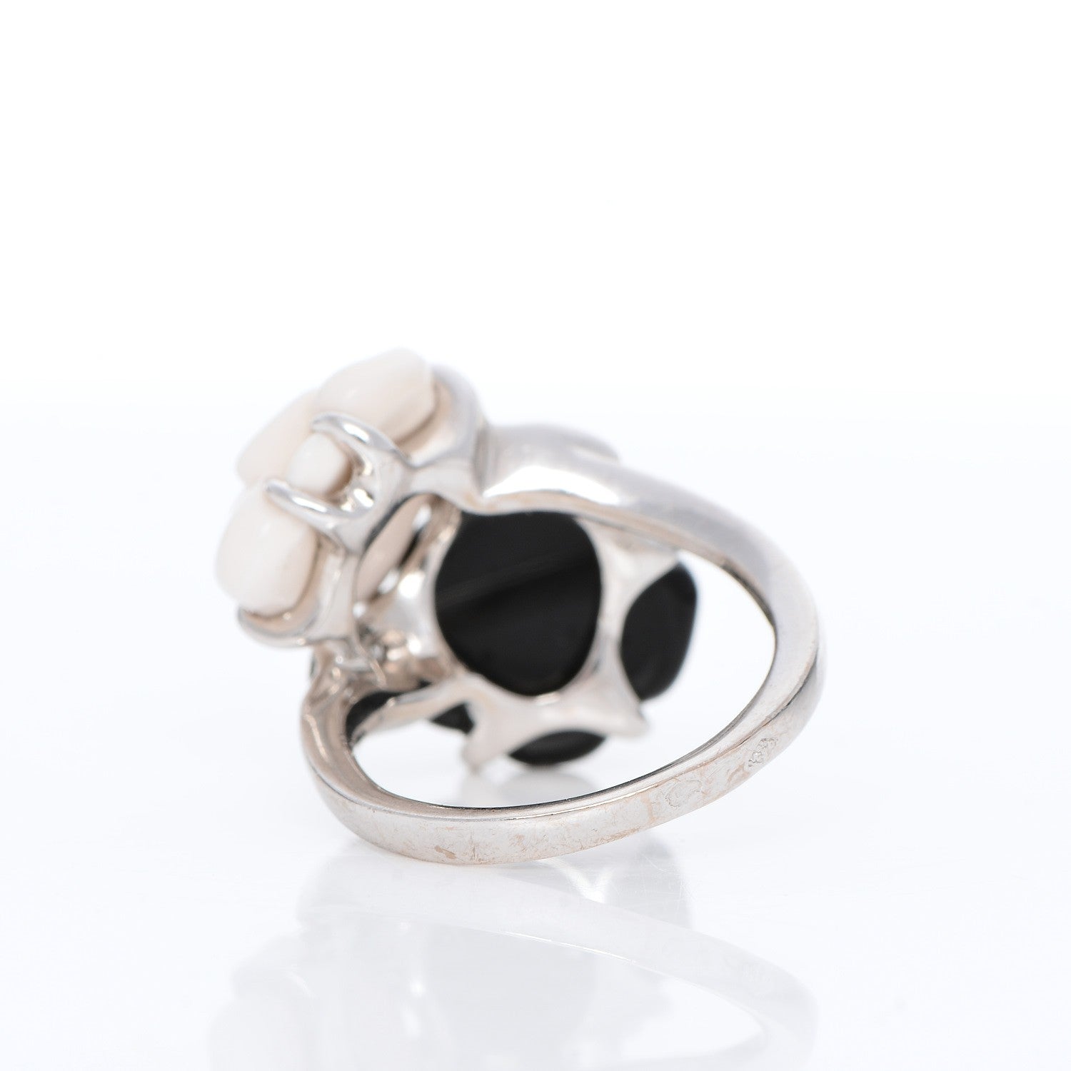 Chanel 18K White Gold Onyx White Agate Diamond Camellia Ring 4.5 4 of 6