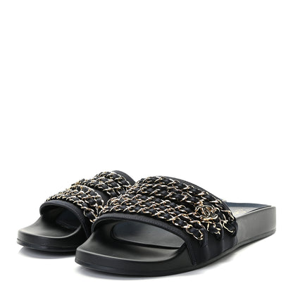 Chanel Satin Canvas Chain Slides Sandals Flats 38 Marine 2 of 8