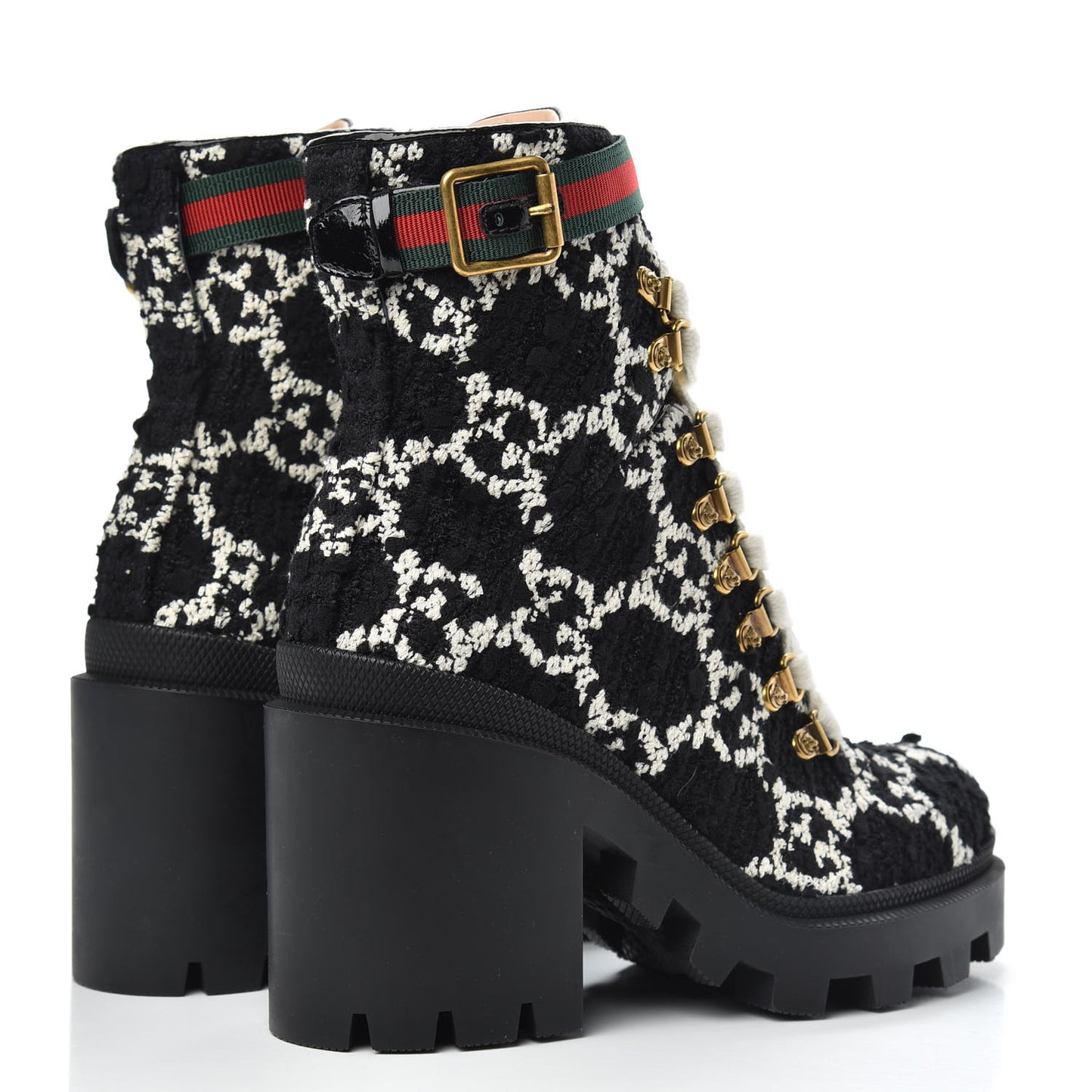 Tweed GG Monogram Lace Up Combat Ankle Boots 35 Black