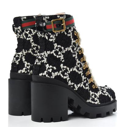 Gucci Tweed GG Monogram Lace Up Combat Ankle Boots 35 Black 4 of 7