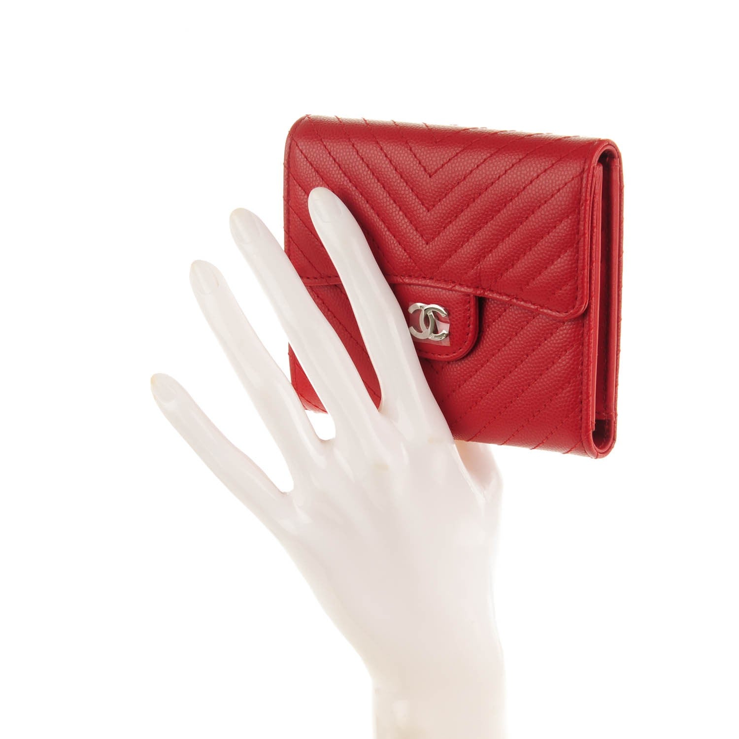 Chanel Caviar Chevron Quilted Compact Flap Wallet Dark Red 2 of 7