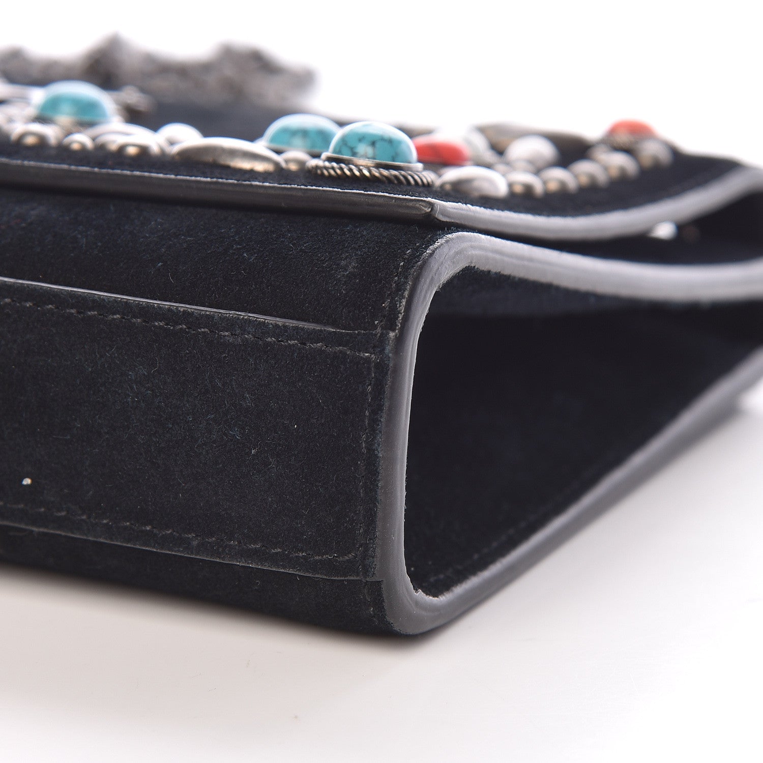 Saint Laurent Suede Small Monogram Stone Studded Kate Satchel Black Turquoise Coral 10 of 23