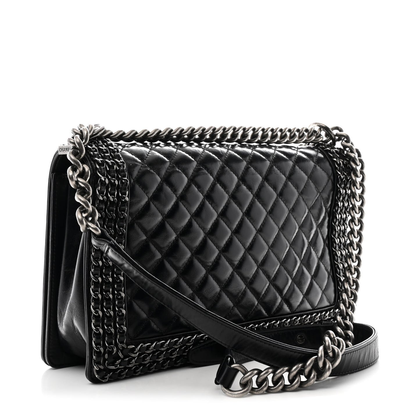 Glazed Calfskin Quilted New Medium Boy Chained Flap Black