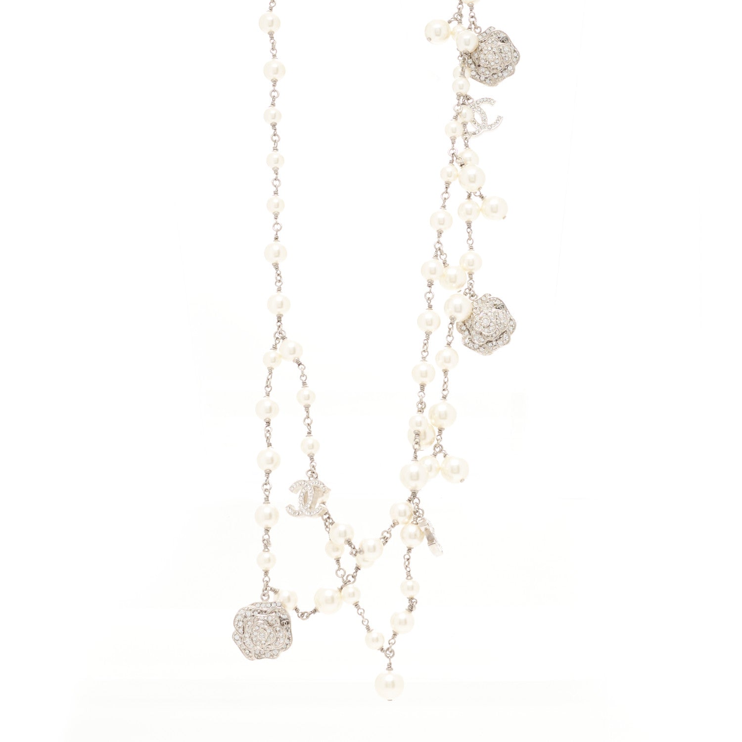 Chanel Crystal Pearl CC Camellia Charm Necklace Silver 1 of 4