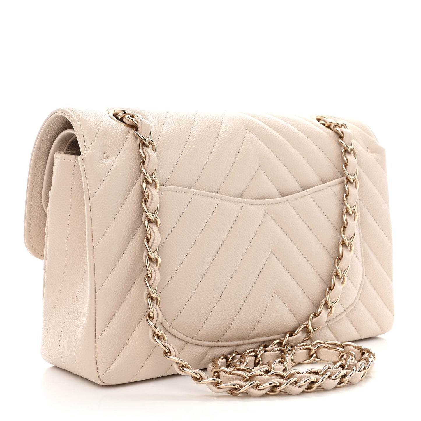 Caviar Chevron Quilted Small Double Flap Beige