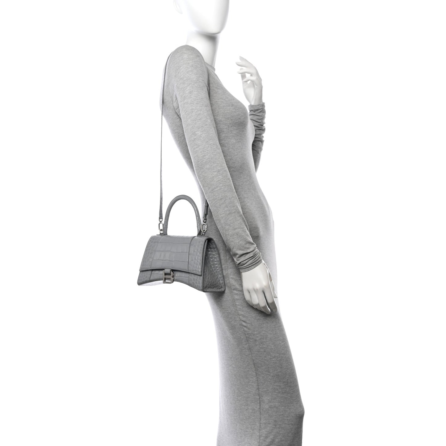 Shiny Calfskin Crocodile Embossed Small Hourglass Top Handle Bag Steel Grey