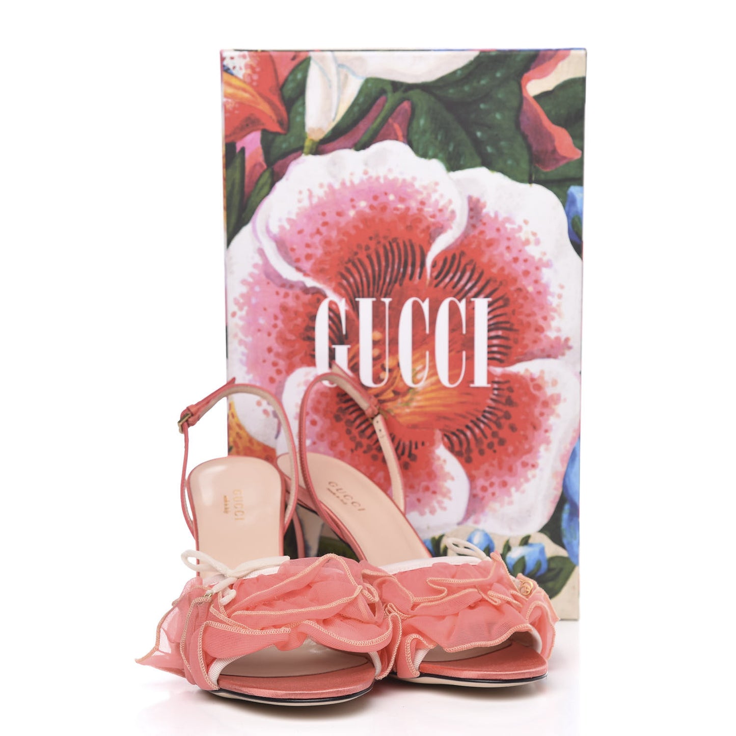 Tulle Ruffle Mid Heel Slingback Sandals 38 Peach White