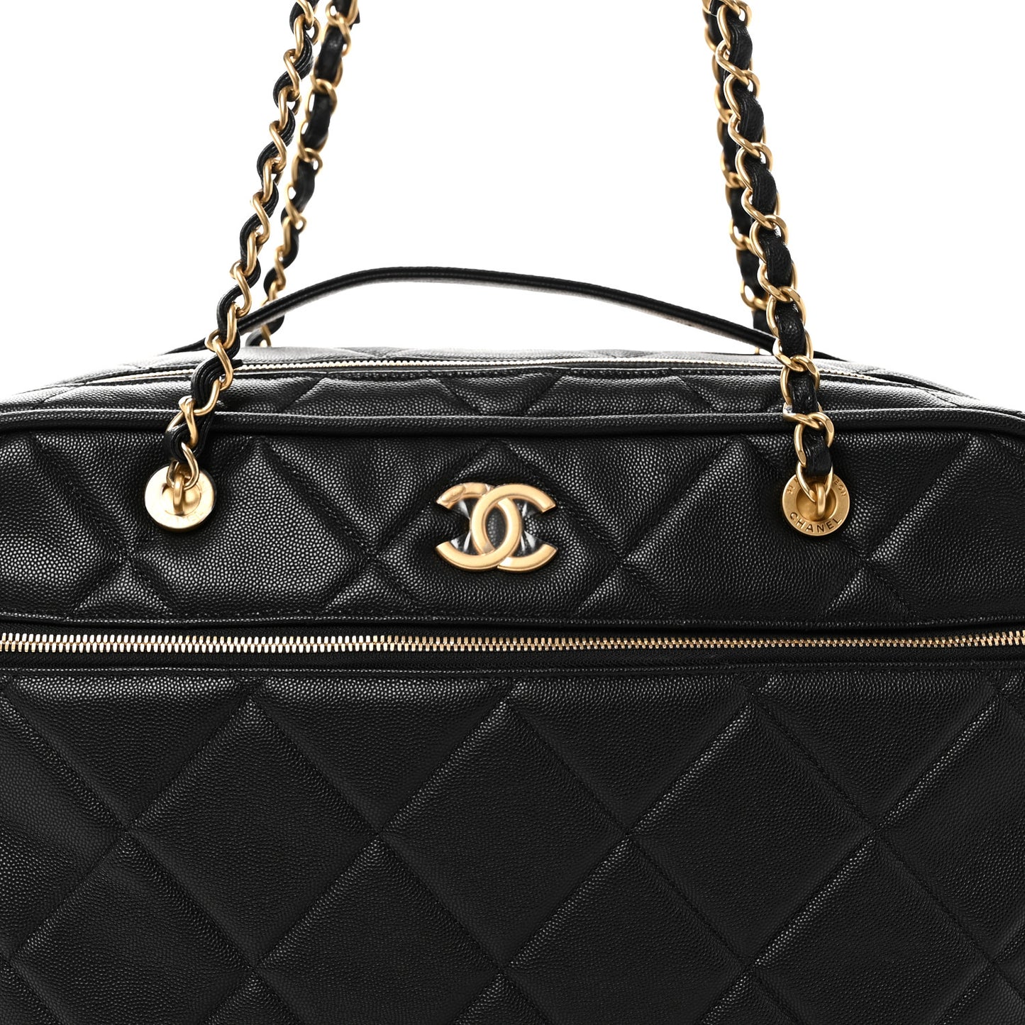 Shiny Grained Calfskin Quilted Travel Bowling Bag Black