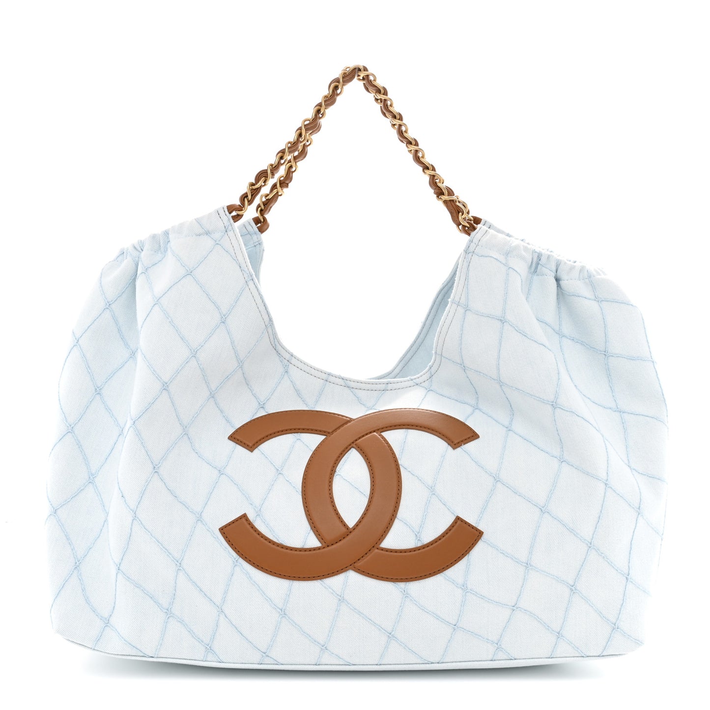 Denim Calfskin Quilted Coco Beach Small Shopping Tote Light Blue Brown