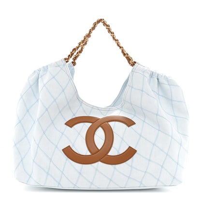 Chanel Denim Calfskin Quilted Coco Beach Small Shopping Tote Light Blue Brown 1 of 12