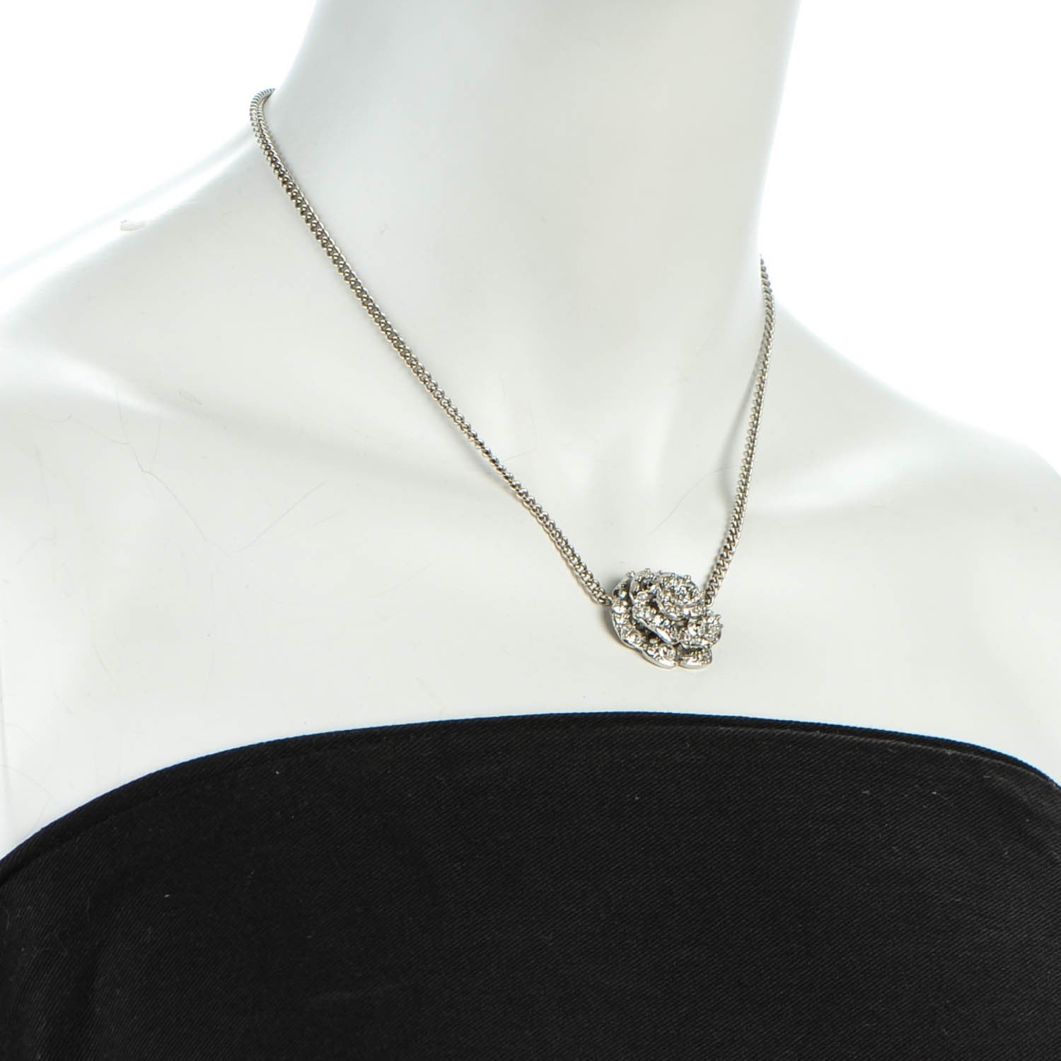Chanel Crystal Camellia CC Necklace Silver 2 of 5