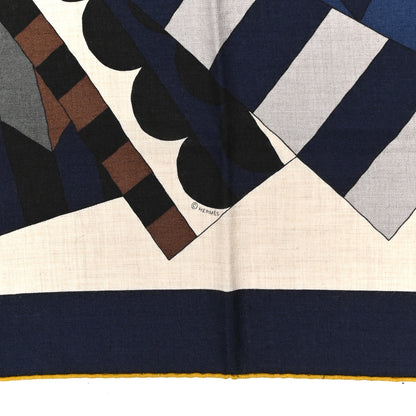 Hermes Cashmere Silk Cheval De Fete Shawl 140 Naturel Marine Moutarde 3 of 5