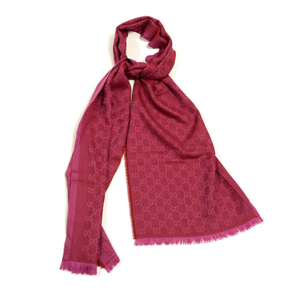 Gucci Wool Silk GG Monogram GGWeblong Fringe Scarf Shawl Red Pink 1 of 4