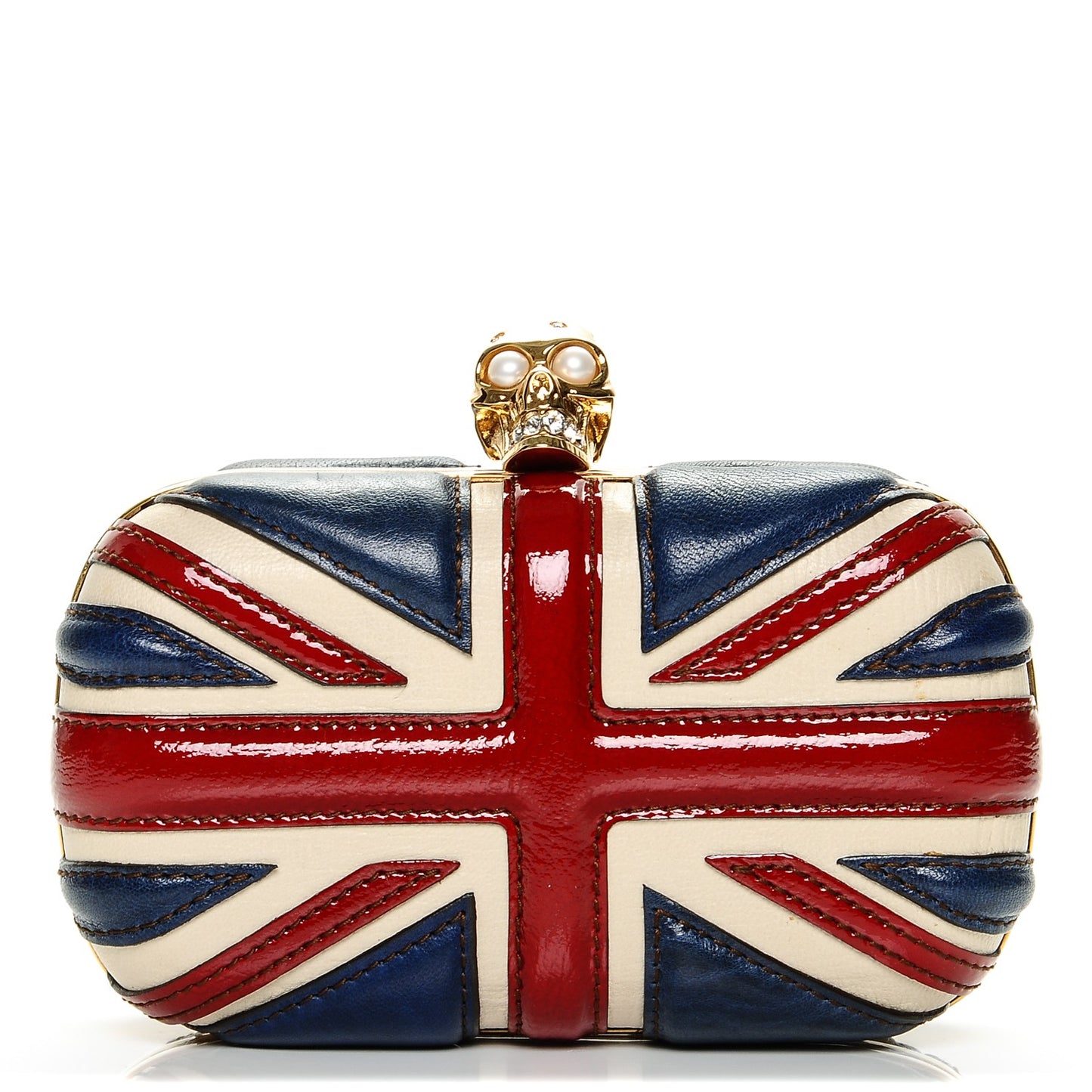 Patent Calfskin Britannia Skull Box Clutch Red Blue